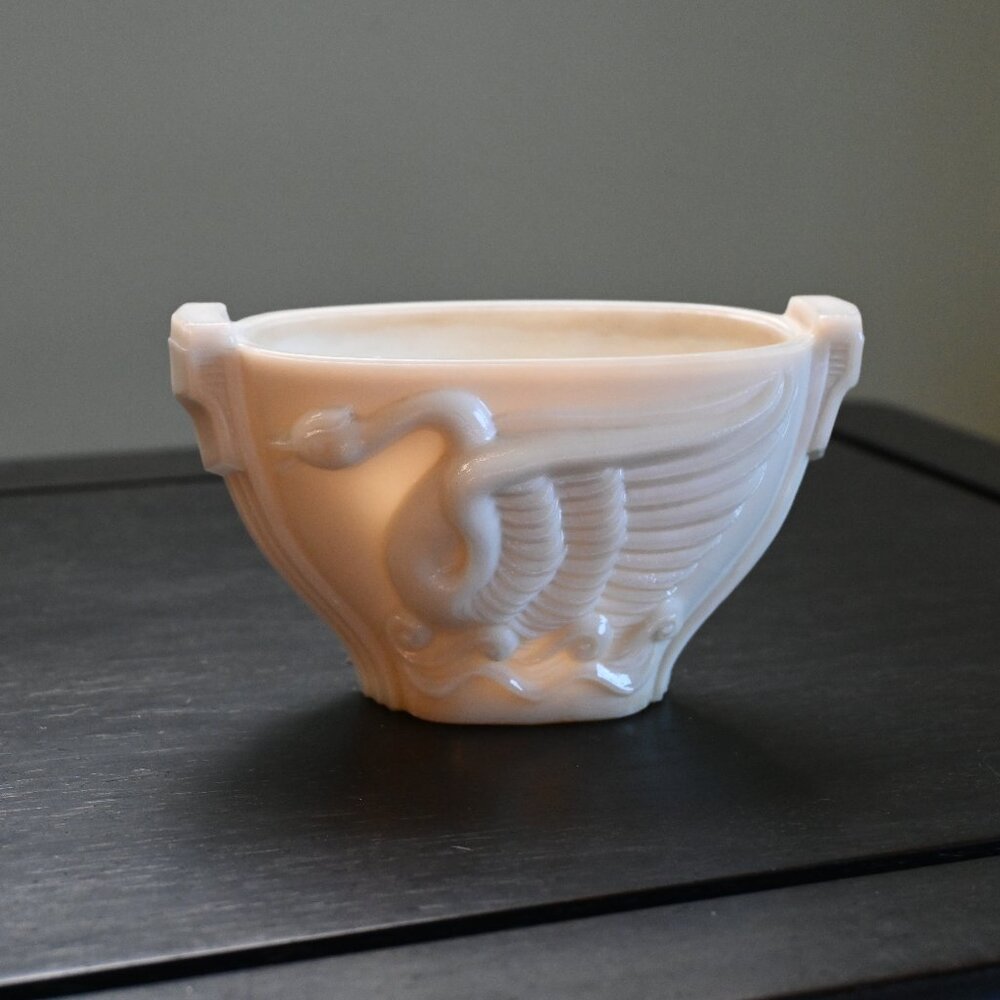 Authentic Art Deco Antique Milk Glass Vase Dish with Swan Relief Chinoiserie